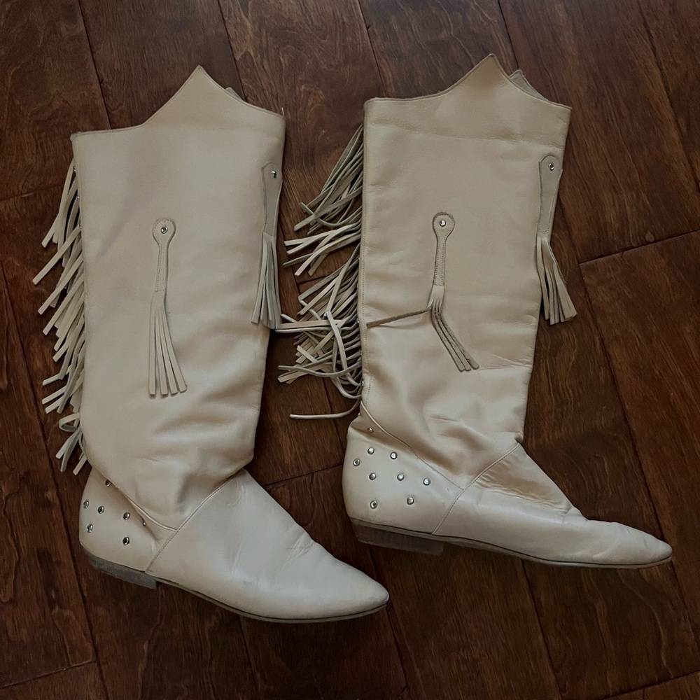 Fringe Beige Leather Boots